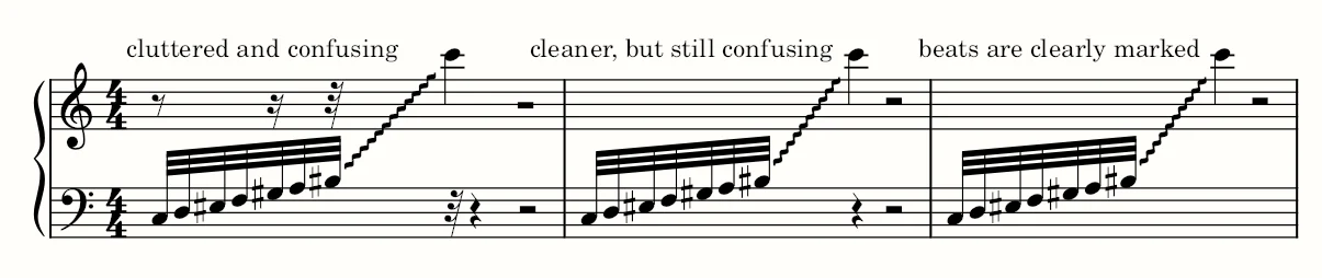 Three examples that illustrate rests in glissando measures.
