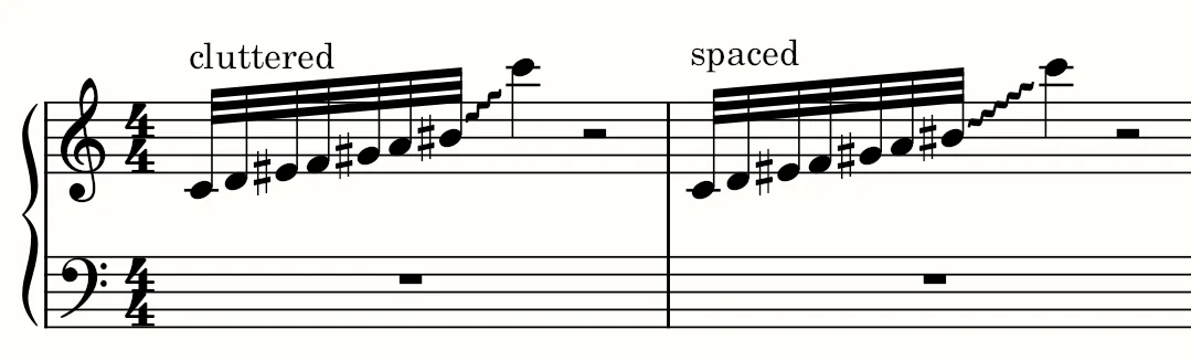Glissando illustration showing that stretching the placement of the "end" glissando note allows for a longer glissando line and a less cluttered measure.