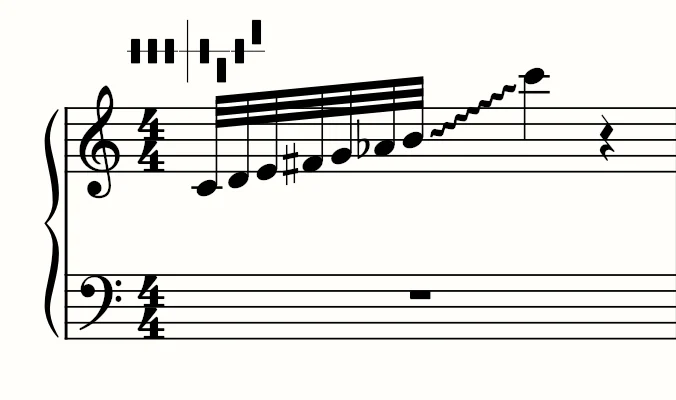 Glissando notation includes the first sevent pitches written out which are then connected to the final note via a glissando line. The example also includes a pedal chart.